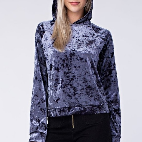 Blue Crushed Velvet Hoodie Pullover - Picture 4 of 5